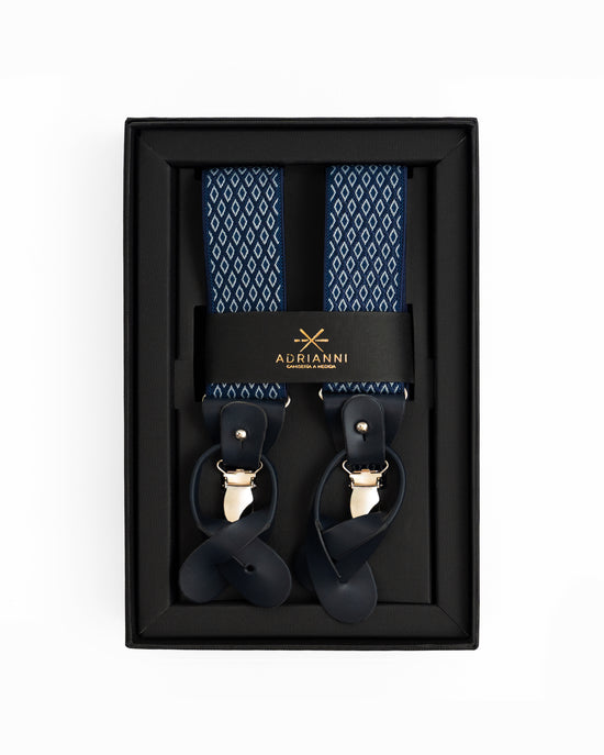 Tirantes fondo azul y rombos blancos