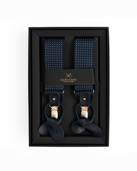 Tirantes fondo azul marino y topos blancos