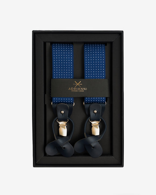 Tirantes fondo azulón y topos blancos